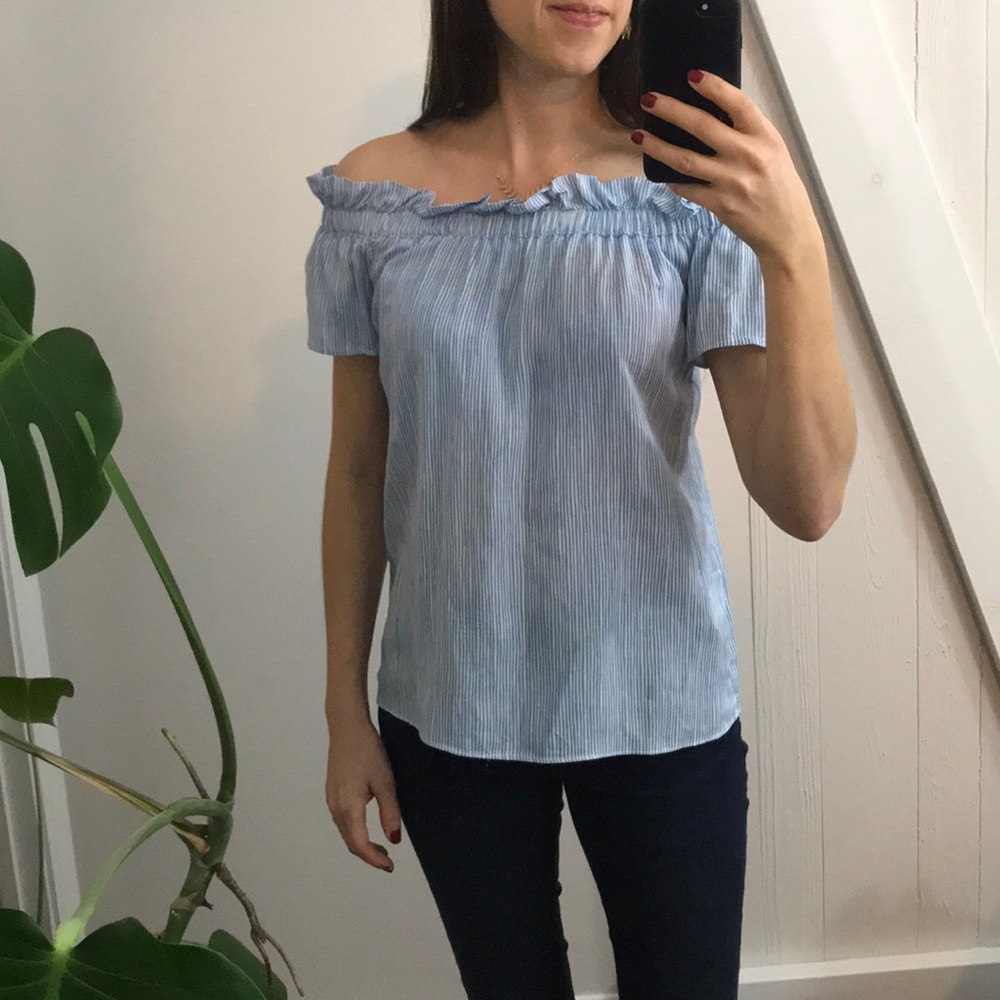 White and blue stripe off shoulder blouse